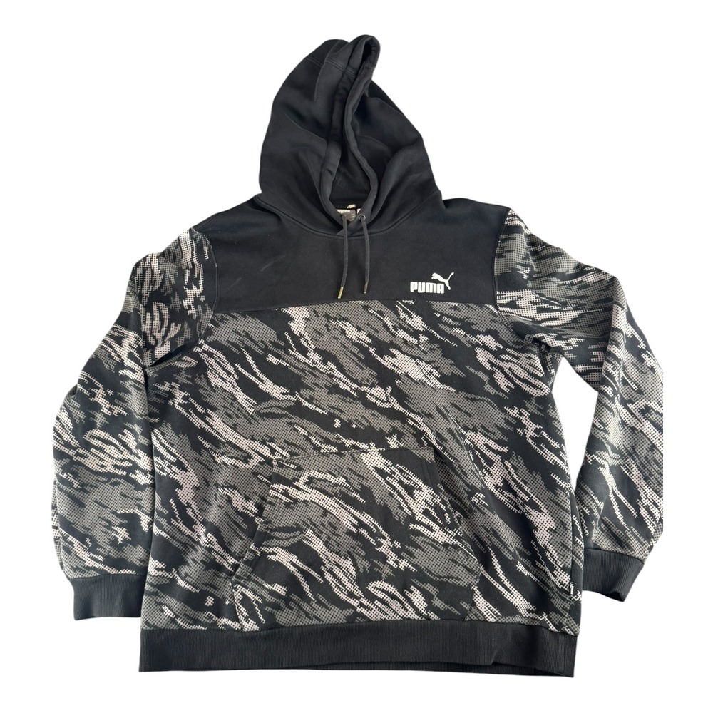 Puma Mens XXL Hoodie Black Gray Digital Camo Graphic Fleece Sweatshirt